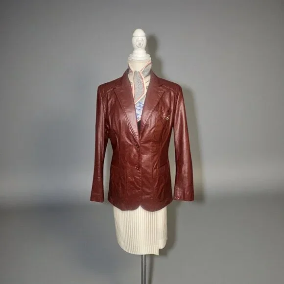 VTG Etienne Aigner Blazer Women M-L Oxblood Leather Notch Collar Jacket 1980s - Picture 2 of 12